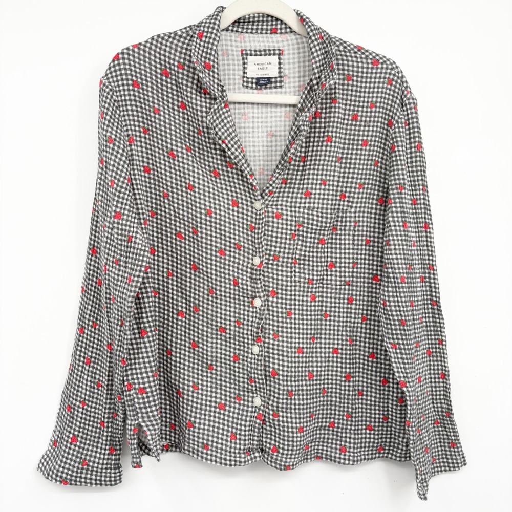 American Eagle Womens Gingham Strawberry Cottagecore Gauzy Lounge Top Size M